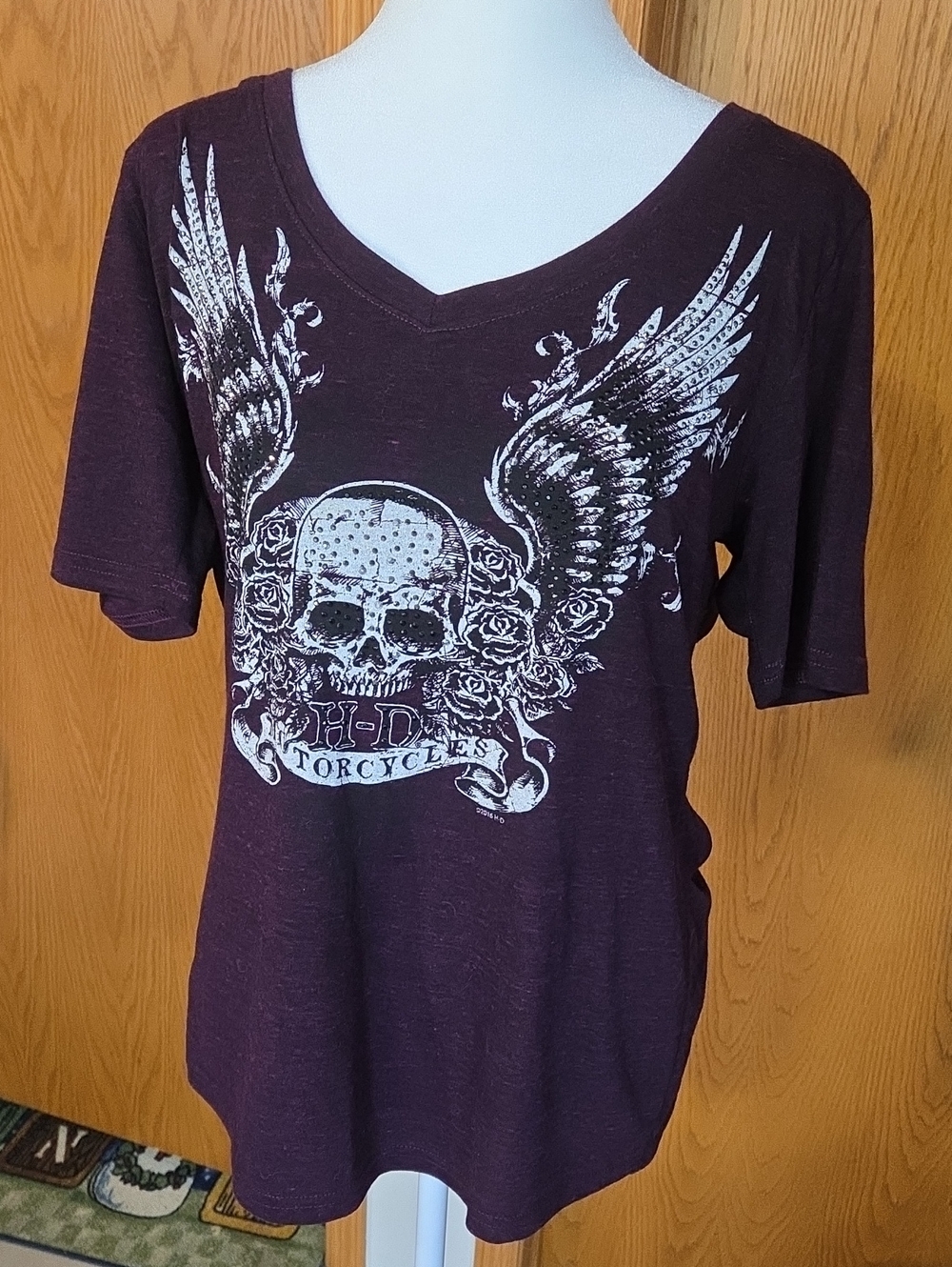 #11 Harley-Davidson Plum V-Neck Tee with White Winged Skull